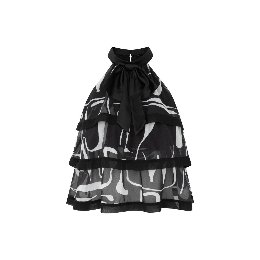 CHICYOU Black Bow Cake Chiffon Summer Sleeveless Hanging Neck Off Shoulder Little Fragrance Girl Retro Top image 7