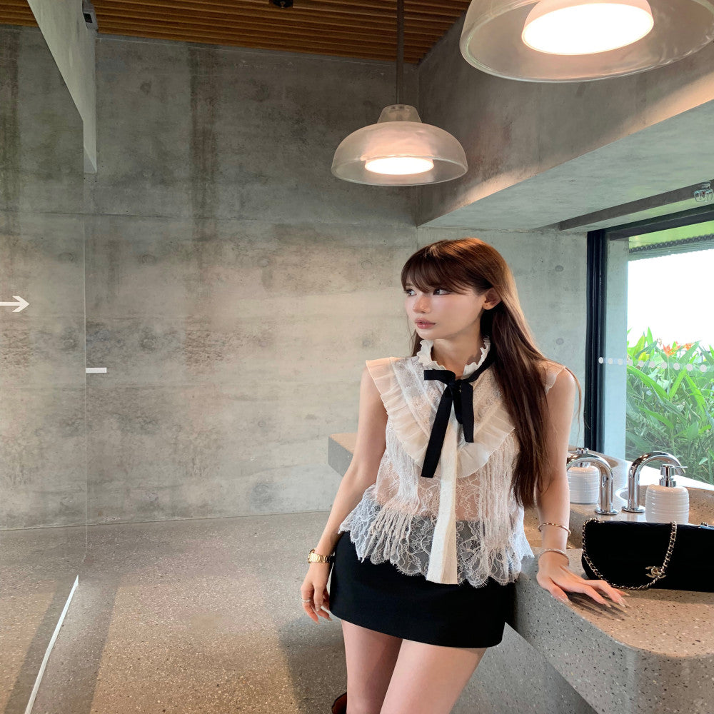 Limited Stock CHICYOU White Water Soluble Lace Tie Tie Sheer Slimming Summer Top image 4