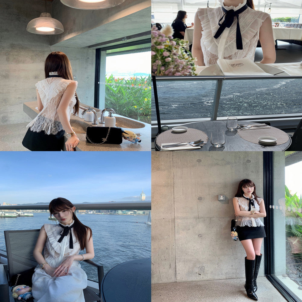 Limited Stock CHICYOU White Water Soluble Lace Tie Tie Sheer Slimming Summer Top image 5