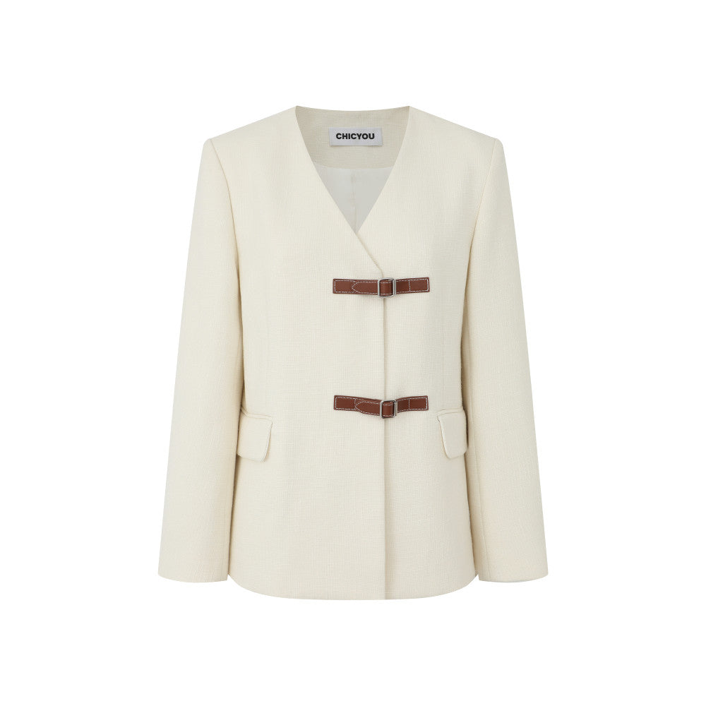 In stock CHICYOU loose old money woven textured suit milk white leather buckle suit jacket for women image 9
