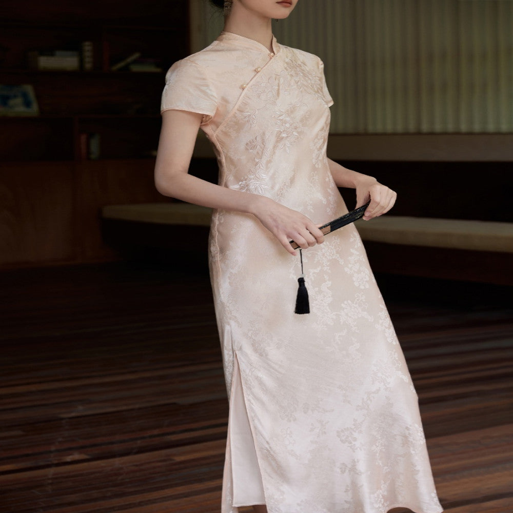 Hand drawn crabapple flower embroidery with glossy fabric new Chinese qipao style dress sold out and not restocked image 2