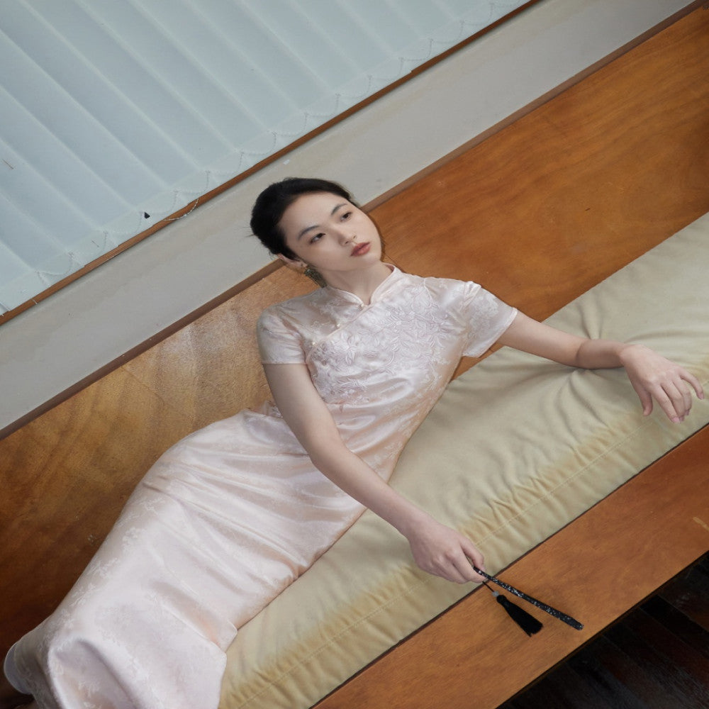 Hand drawn crabapple flower embroidery with glossy fabric new Chinese qipao style dress sold out and not restocked image 3