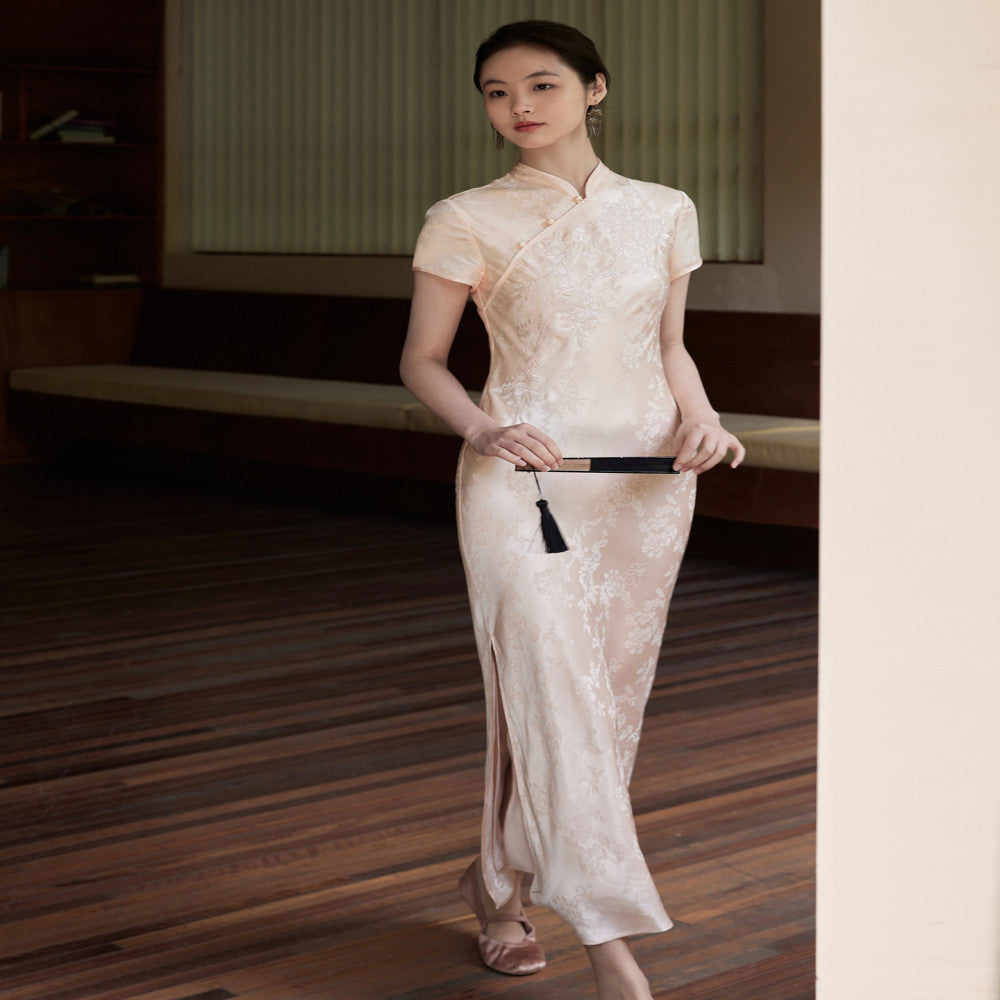 Hand drawn crabapple flower embroidery with glossy fabric new Chinese qipao style dress sold out and not restocked image 4