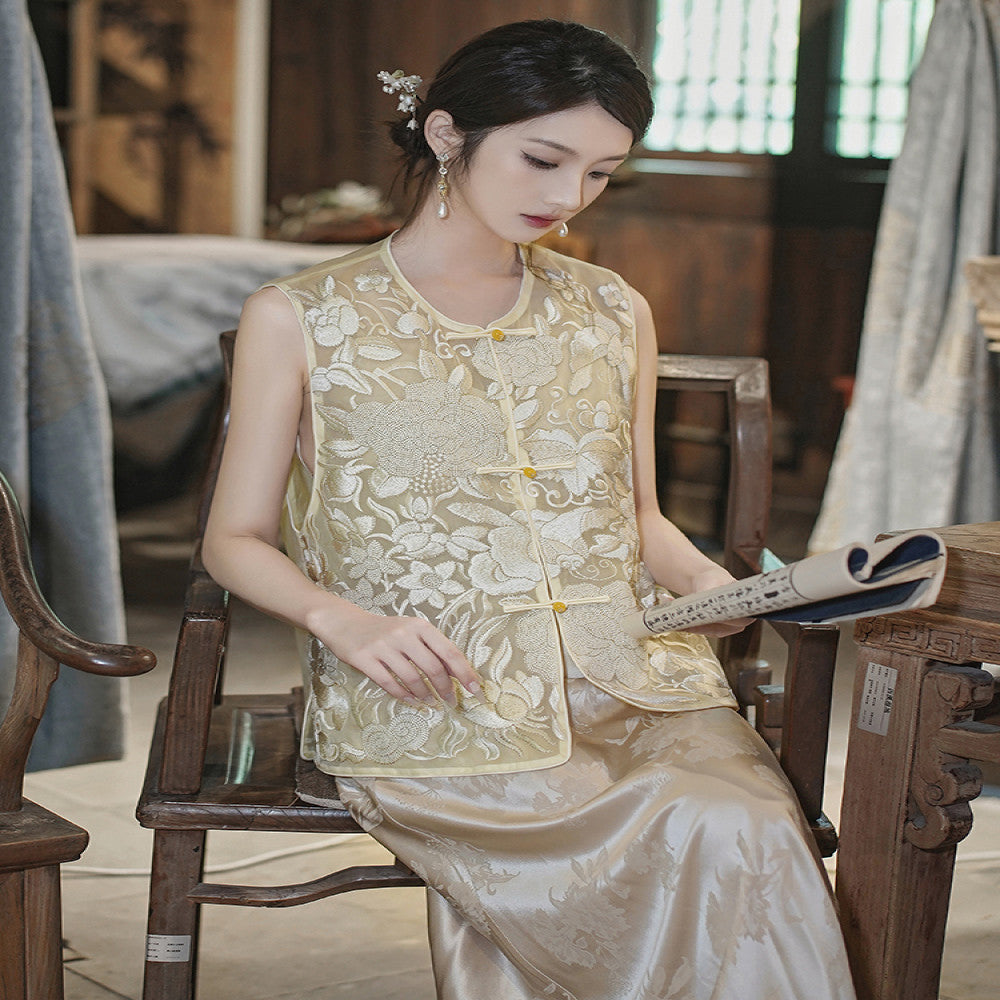 Peony Pavilion New Chinese Style Mulberry Silk Vest Female 2025 Summer Retro Versatile High End Embroidery Female image 2