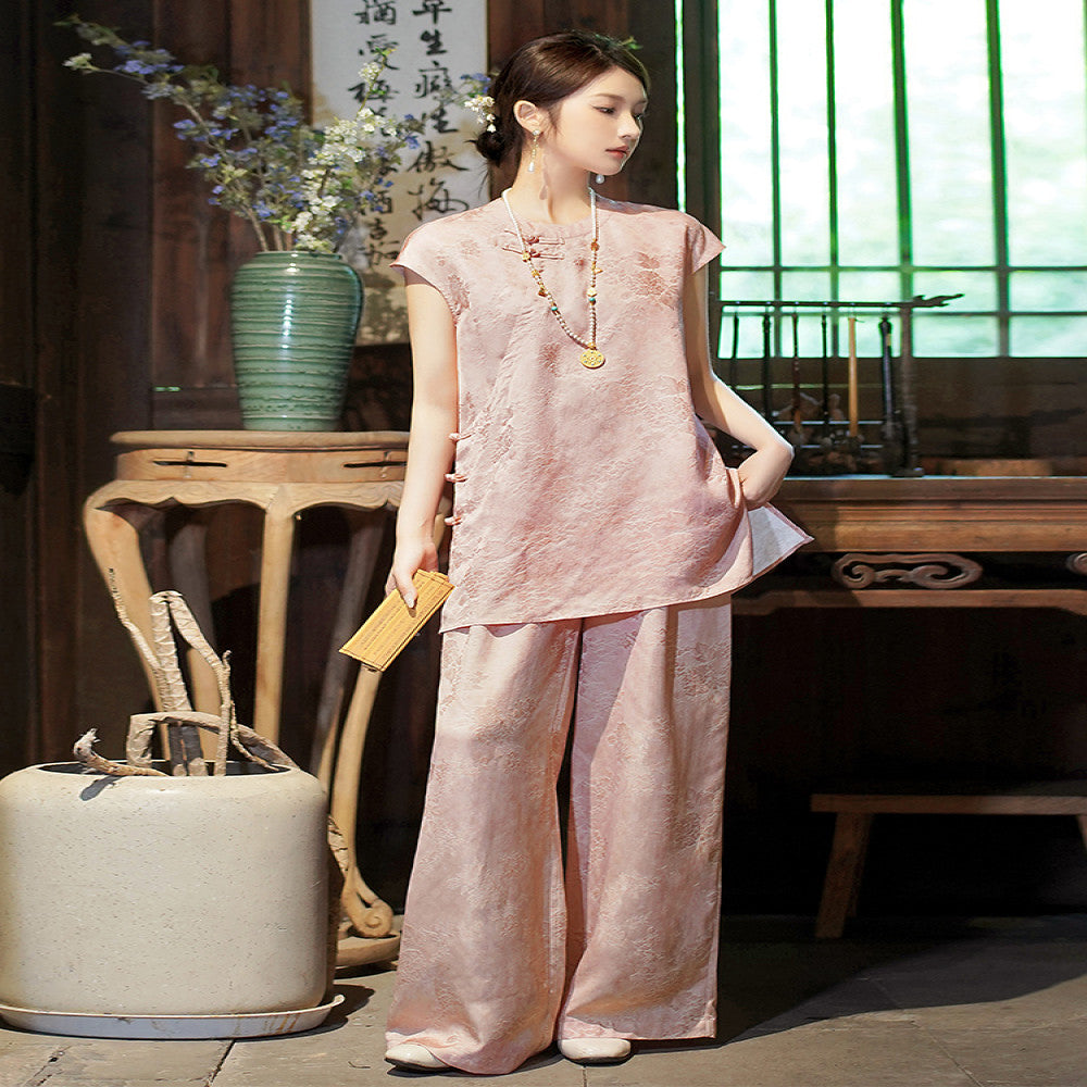 Seeking Fragrance New Chinese Style Woven Jacquard Top Wide Leg Pants Set for Women 2025 Summer New Two Piece Set image 1