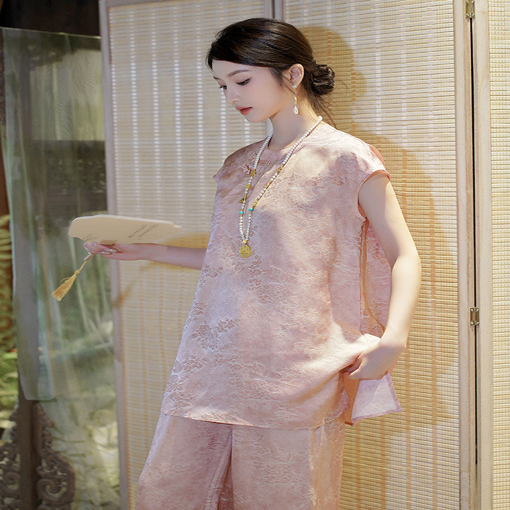 Seeking Fragrance New Chinese Style Woven Jacquard Top Wide Leg Pants Set for Women 2025 Summer New Two Piece Set image 2