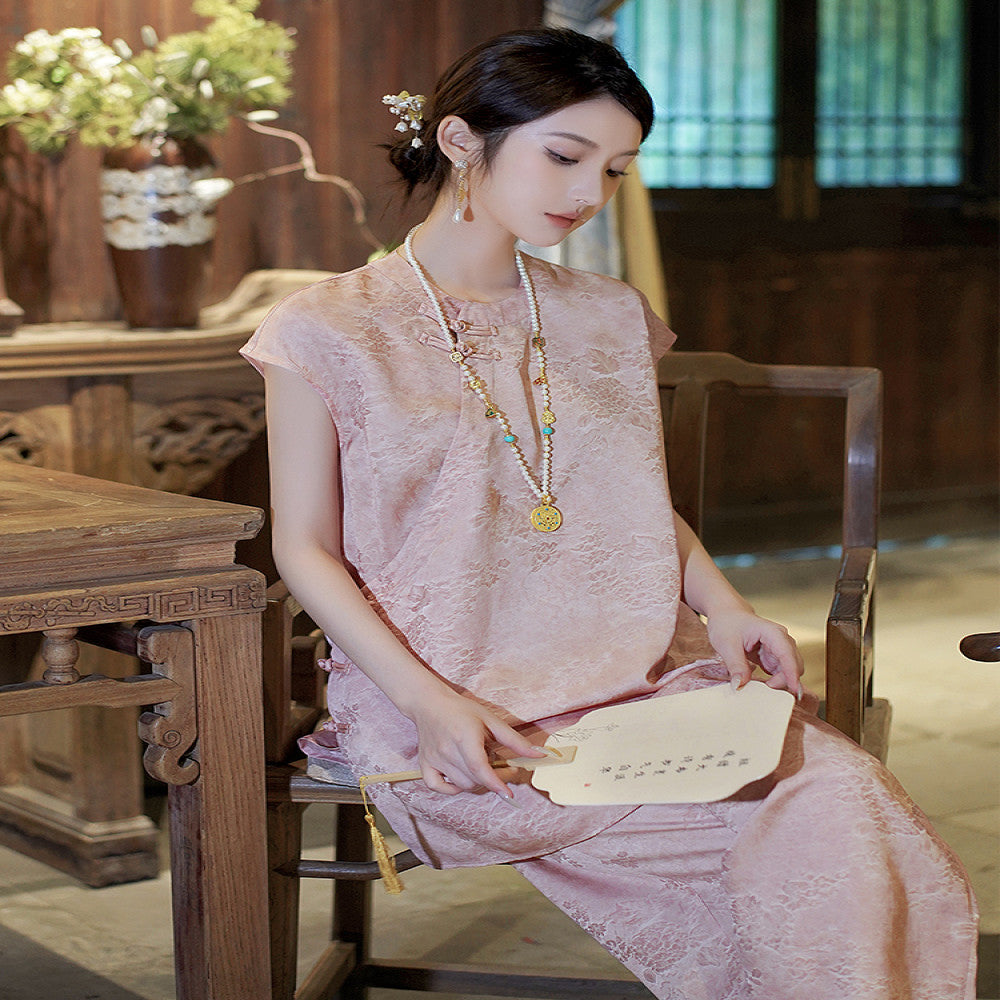 Seeking Fragrance New Chinese Style Woven Jacquard Top Wide Leg Pants Set for Women 2025 Summer New Two Piece Set image 3