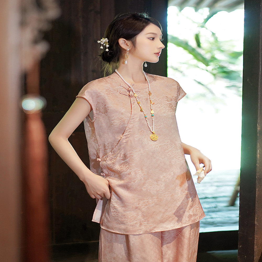 Seeking Fragrance New Chinese Style Woven Jacquard Top Wide Leg Pants Set for Women 2025 Summer New Two Piece Set image 4