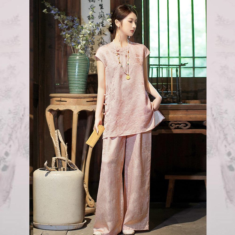 Seeking Fragrance New Chinese Style Woven Jacquard Top Wide Leg Pants Set for Women 2025 Summer New Two Piece Set image 13