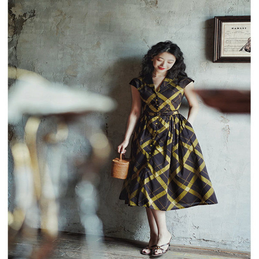 Chings French retro V neck hazelnut coffee color avocado green contrasting Hepburn style high waisted A line large skirt image 1