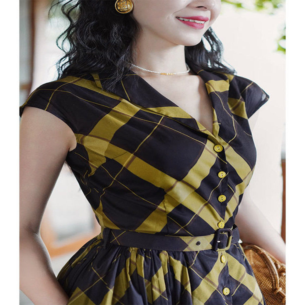 Chings French retro V neck hazelnut coffee color avocado green contrasting Hepburn style high waisted A line large skirt image 3