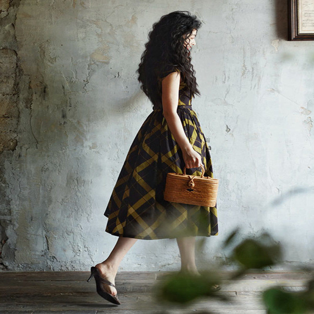 Chings French retro V neck hazelnut coffee color avocado green contrasting Hepburn style high waisted A line large skirt image 5