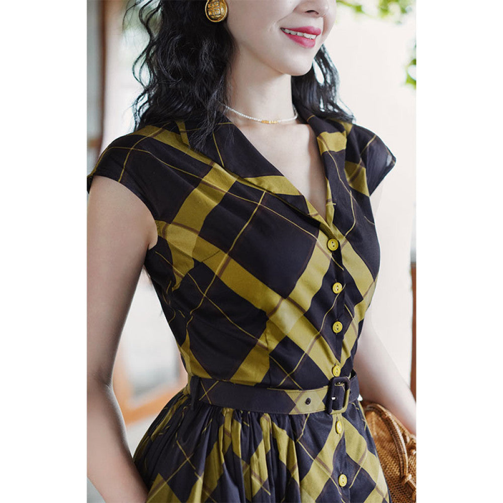 Chings French retro V neck hazelnut coffee color avocado green contrasting Hepburn style high waisted A line large skirt image 12