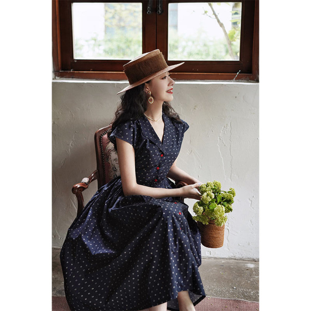 Chings French retro V neck hazelnut coffee color avocado green contrasting Hepburn style high waisted A line large skirt image 20