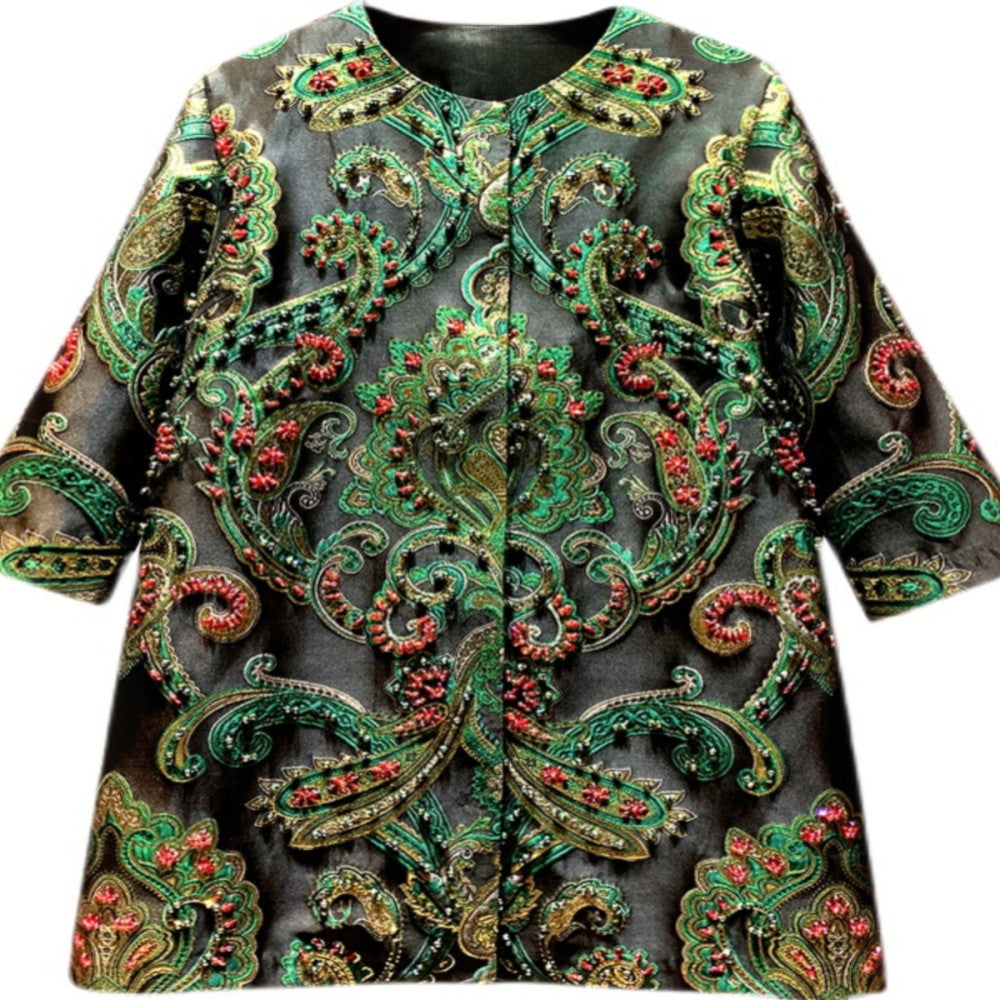 High end heavy industry nail bead high end light luxury jacquard embroidery medium long jacket coat top mother style western style image 5