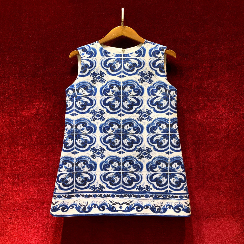 Retro Chinese style blue and white porcelain printed A line sleeveless dress with a sense of luxury 2025 new popular and explosive style stylish image 0