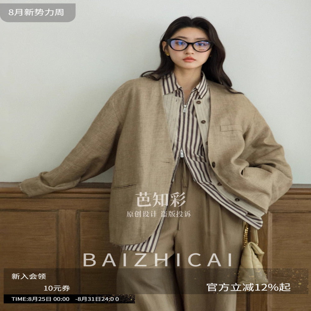 Elegant and relaxed wandering feeling 100 linen suit original old money style fake two piece workwear cotton linen jacket for women 315 image 1