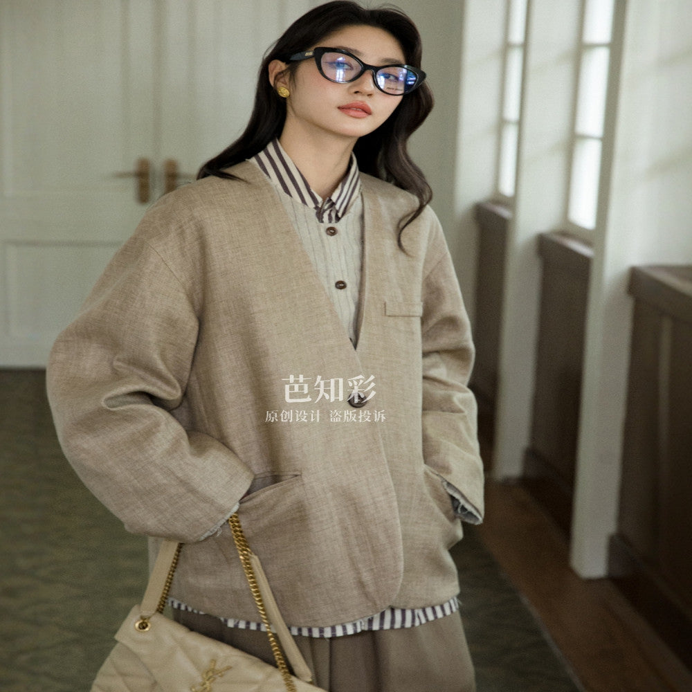 Elegant and relaxed wandering feeling 100 linen suit original old money style fake two piece workwear cotton linen jacket for women 315 image 3