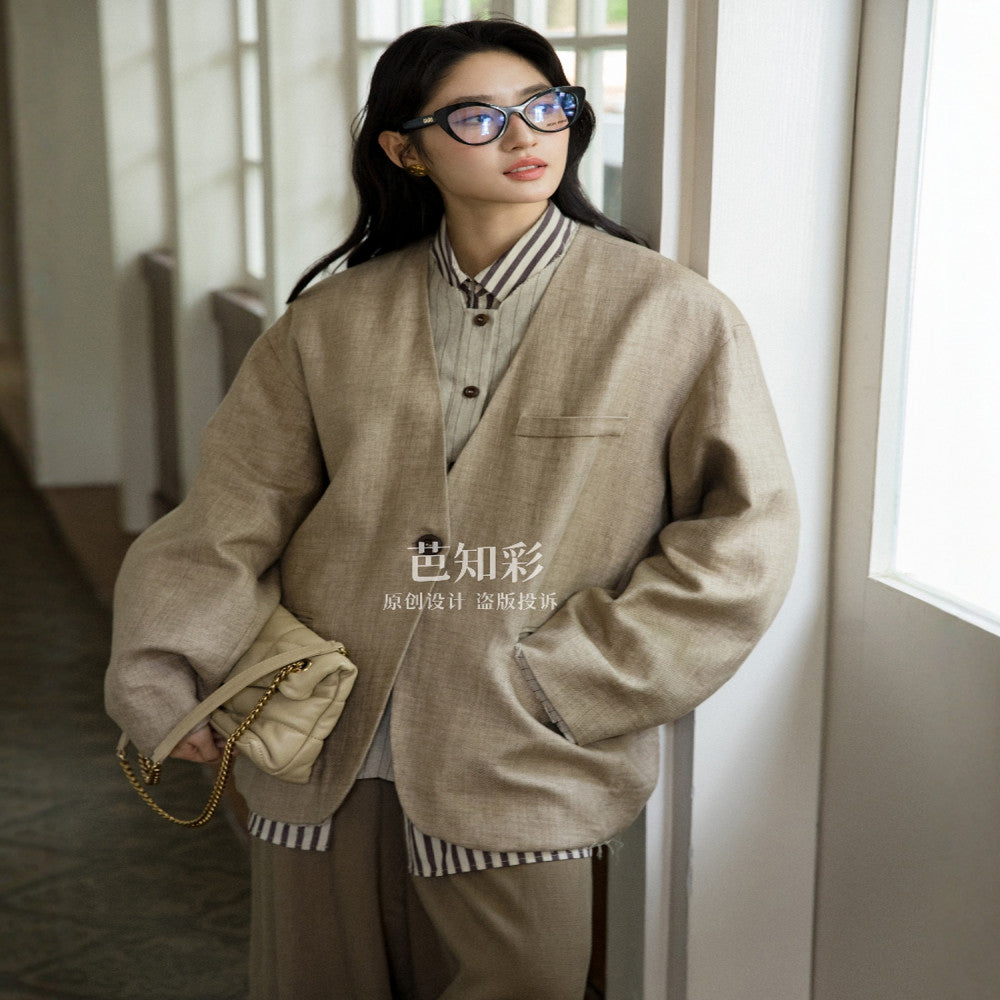 Elegant and relaxed wandering feeling 100 linen suit original old money style fake two piece workwear cotton linen jacket for women 315 image 4