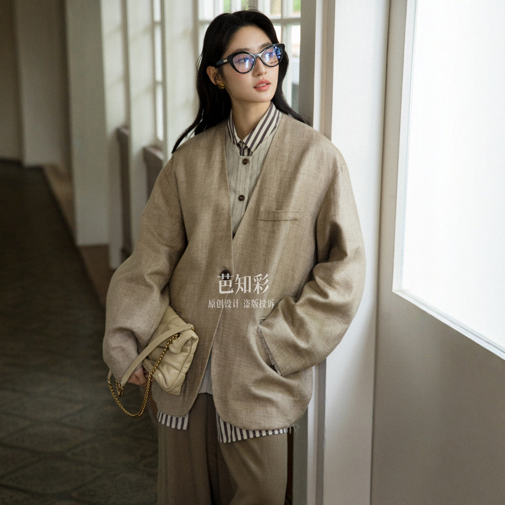 Elegant and relaxed wandering feeling 100 linen suit original old money style fake two piece workwear cotton linen jacket for women 315 image 7