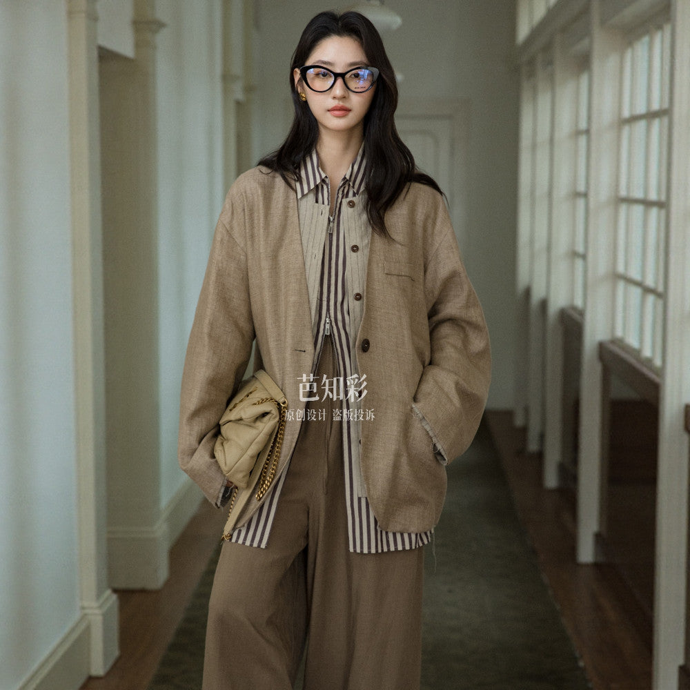 Elegant and relaxed wandering feeling 100 linen suit original old money style fake two piece workwear cotton linen jacket for women 315 image 16