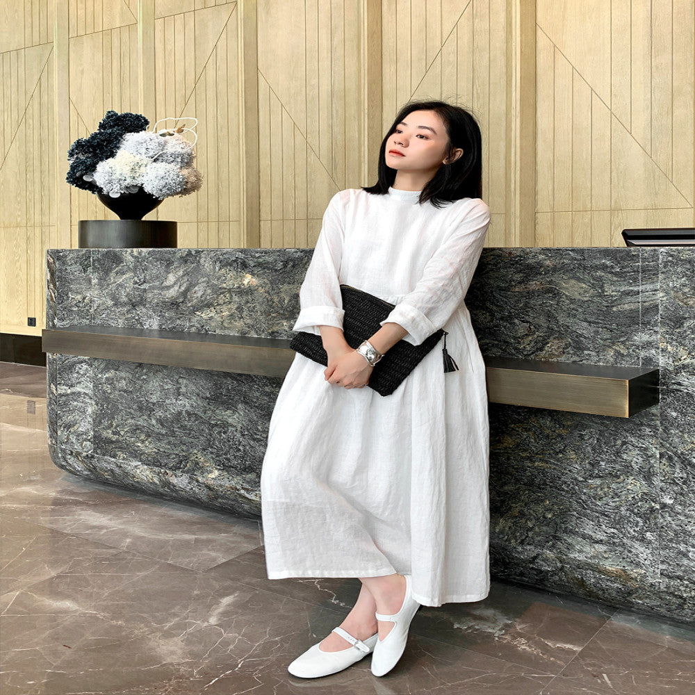 MUALLYCHEN Lighthearted Artistic Stand Collar Large Skirt Dress Linen Fresh Minimalist Long Sleeve White Dress image 2