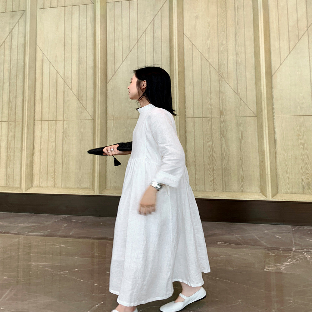 MUALLYCHEN Lighthearted Artistic Stand Collar Large Skirt Dress Linen Fresh Minimalist Long Sleeve White Dress image 3