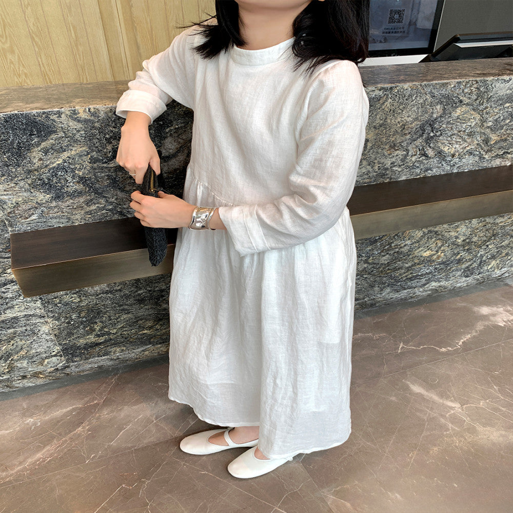 MUALLYCHEN Lighthearted Artistic Stand Collar Large Skirt Dress Linen Fresh Minimalist Long Sleeve White Dress image 4