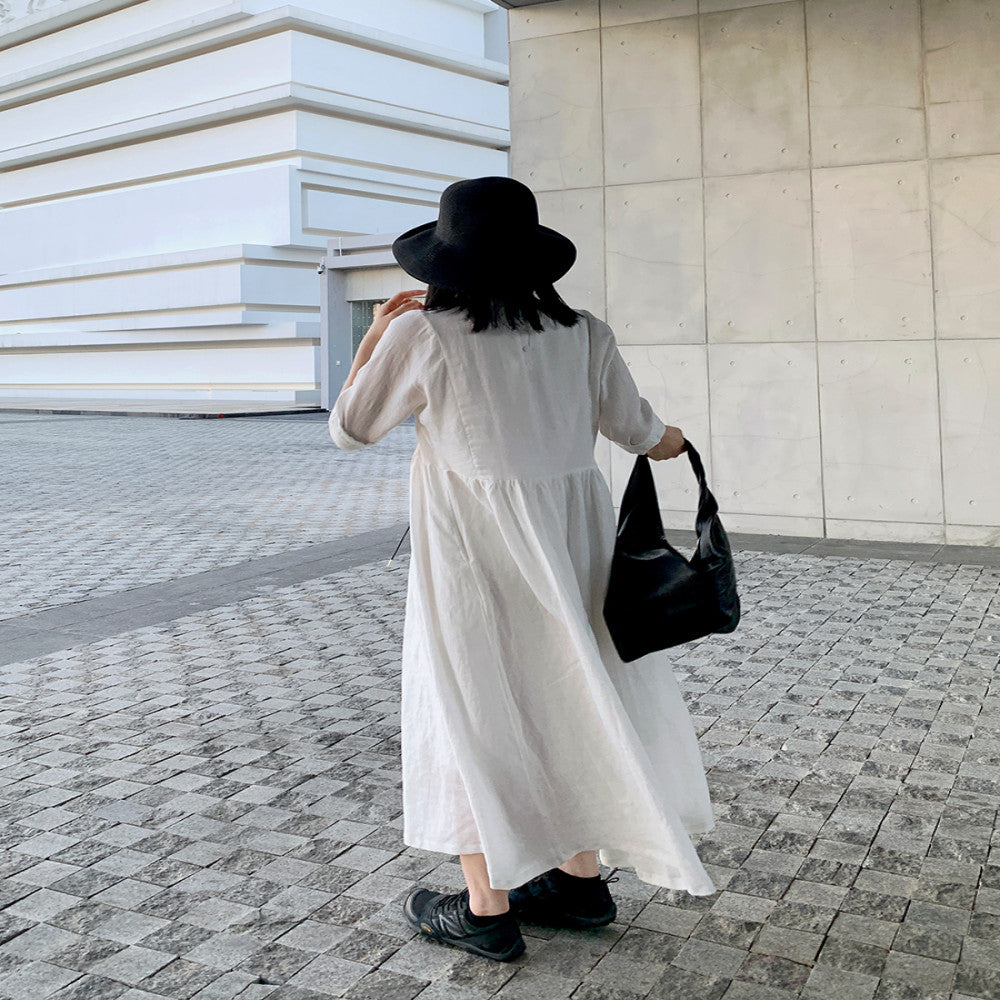MUALLYCHEN Lighthearted Artistic Stand Collar Large Skirt Dress Linen Fresh Minimalist Long Sleeve White Dress image 5