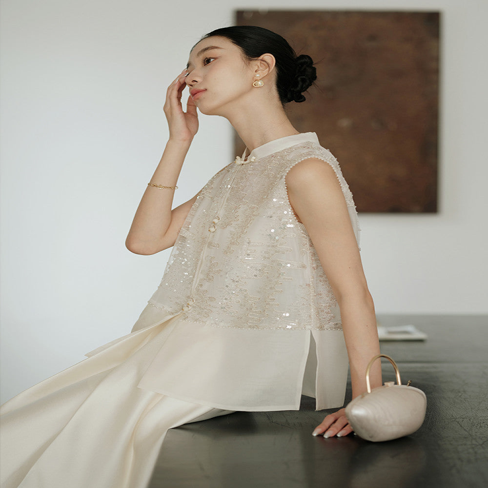 Jiaqi s customized interior and exterior are both made of heavyweight mulberry silk organza satin high end nail bead style versatile silk vest image 1