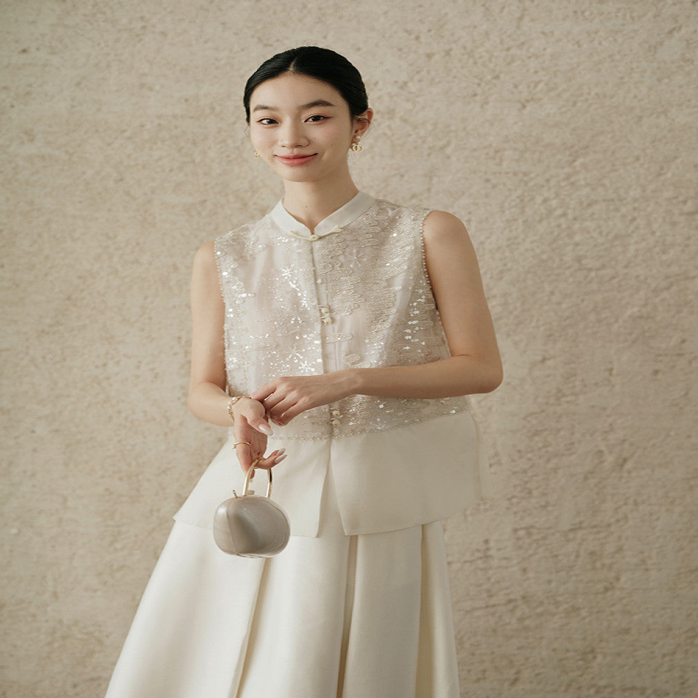 Jiaqi s customized interior and exterior are both made of heavyweight mulberry silk organza satin high end nail bead style versatile silk vest image 2