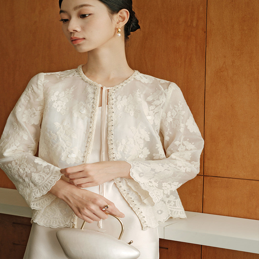 Jiaqi Customized Heavy Industry Relief Flower Embroidery Handmade Nail Beads High end sunscreen thin long sleeved cardigan shirt image 2