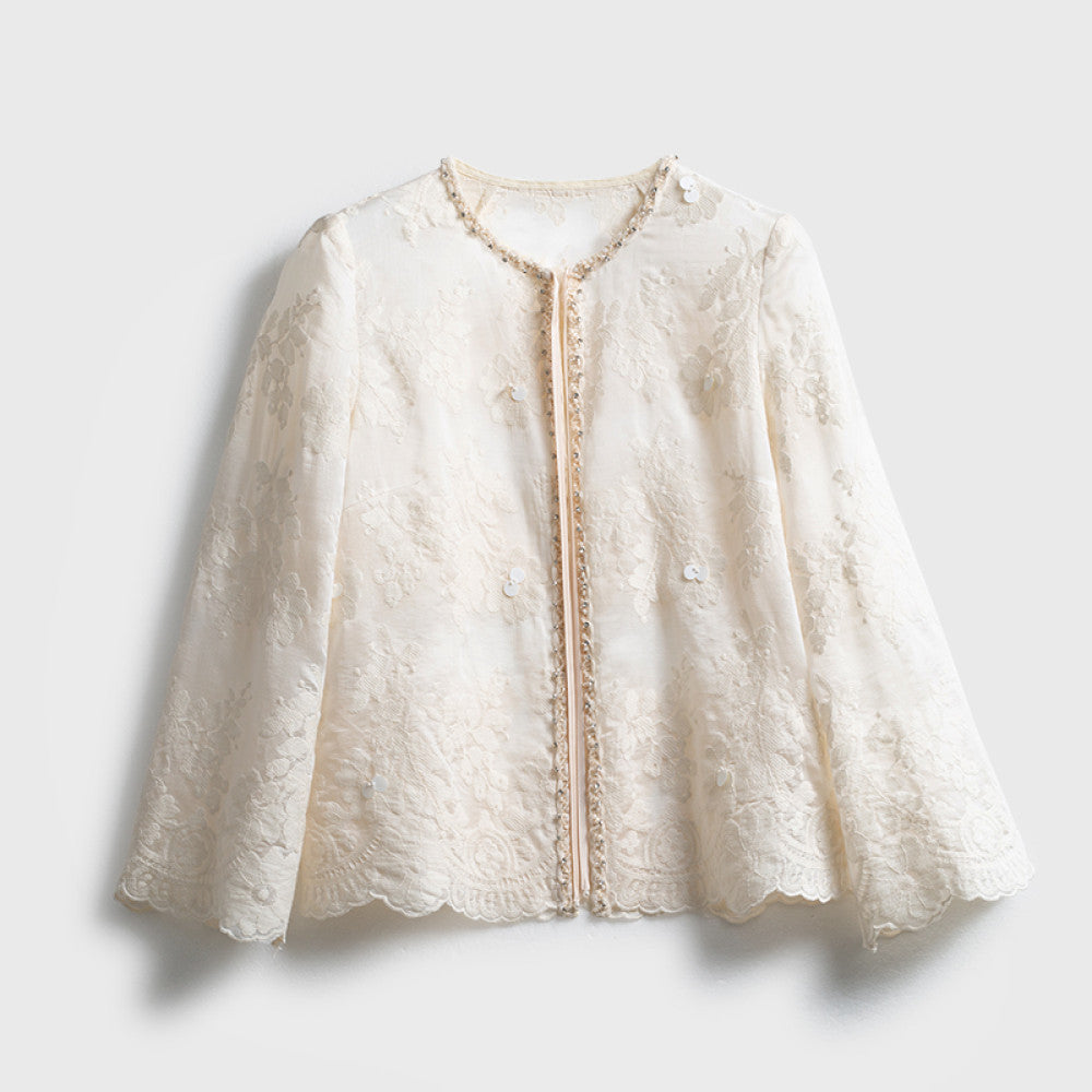 Jiaqi Customized Heavy Industry Relief Flower Embroidery Handmade Nail Beads High end sunscreen thin long sleeved cardigan shirt image 12