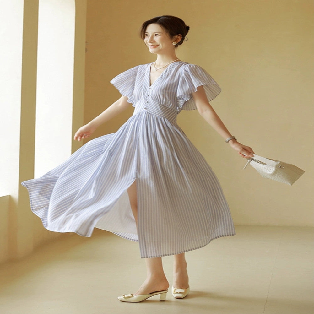 Jiaqi Customized Imported Ramie Digital Direct Spray Southern France high end cut slimming temperament V neck big swing dress image 2