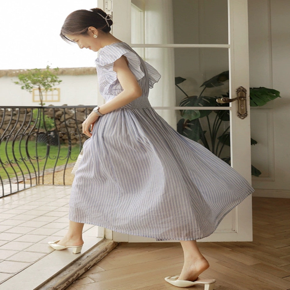 Jiaqi Customized Imported Ramie Digital Direct Spray Southern France high end cut slimming temperament V neck big swing dress image 3