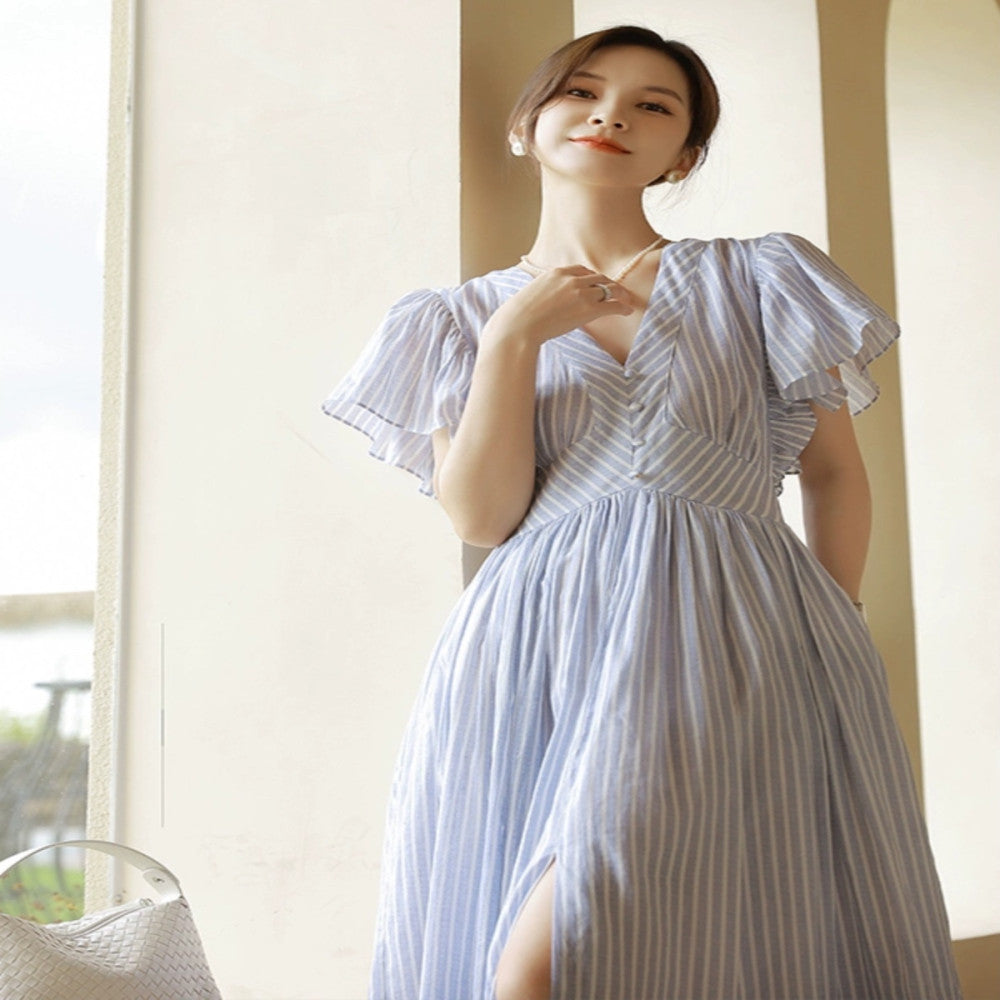 Jiaqi Customized Imported Ramie Digital Direct Spray Southern France high end cut slimming temperament V neck big swing dress image 4