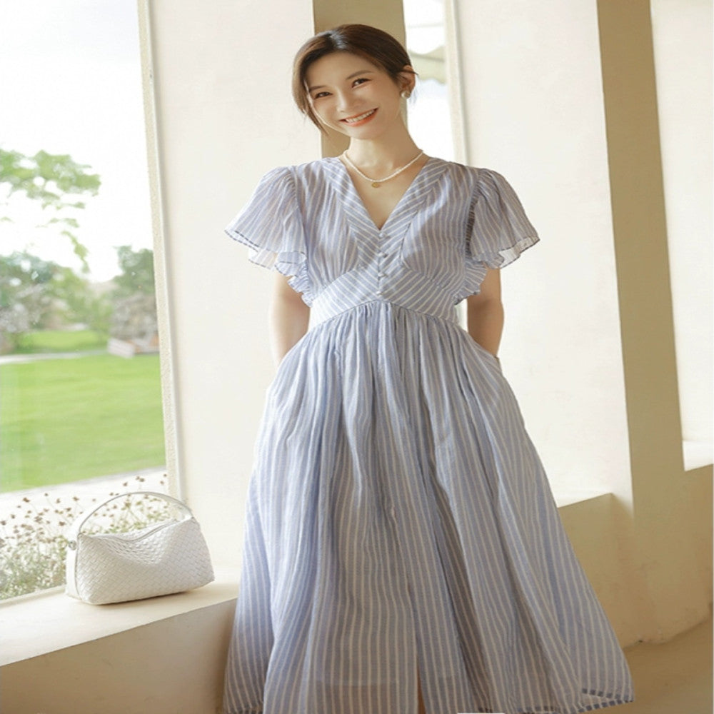 Jiaqi Customized Imported Ramie Digital Direct Spray Southern France high end cut slimming temperament V neck big swing dress image 0