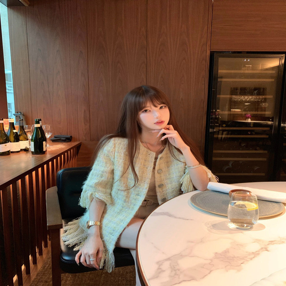 In stock CHICYOU original five quarter sleeve yellow tassel Xiaoxiang temperament round neck jacket top for women image 1