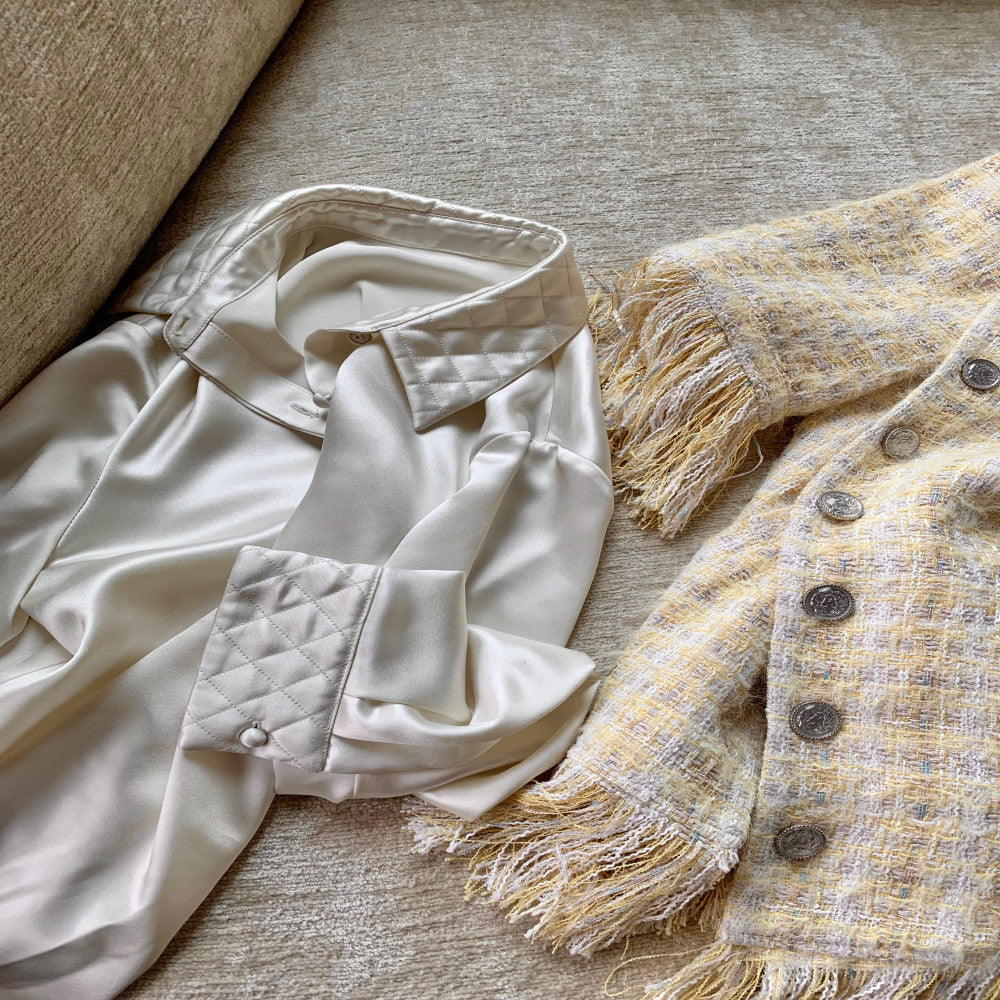 In stock CHICYOU original five quarter sleeve yellow tassel Xiaoxiang temperament round neck jacket top for women image 3