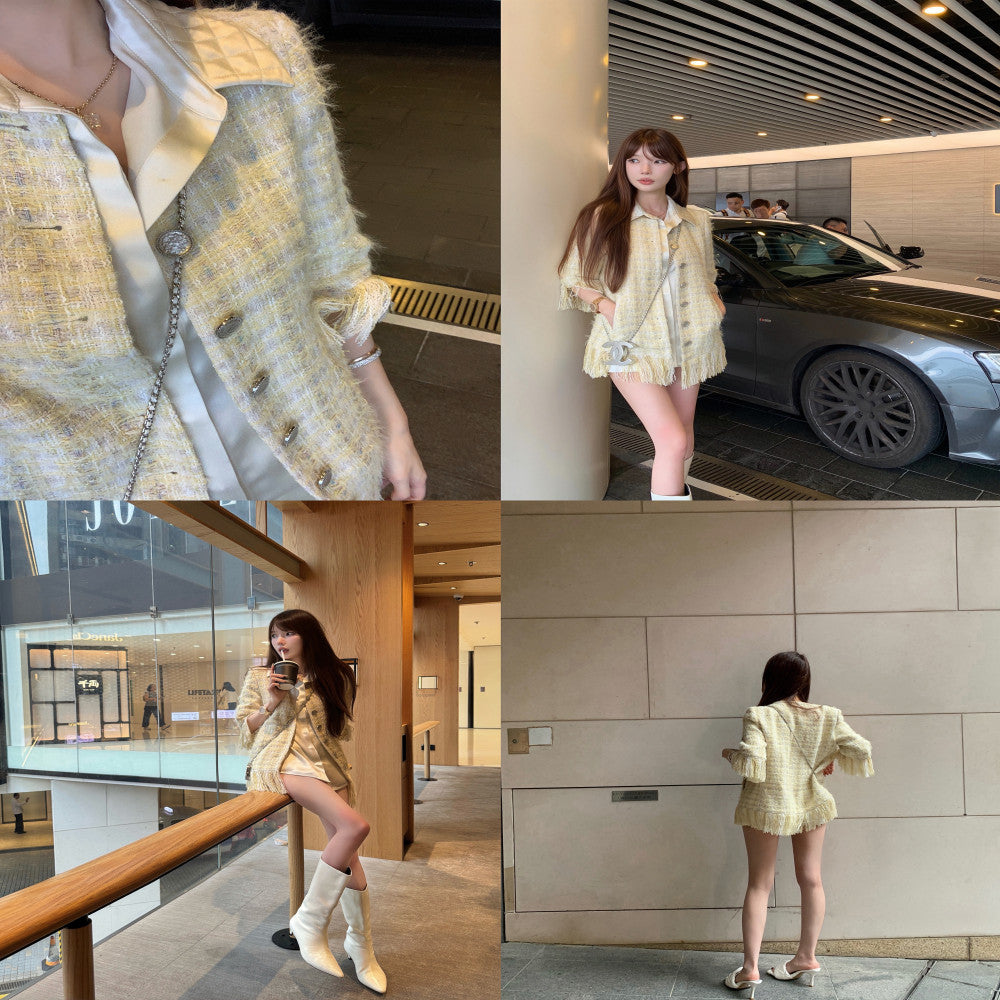 In stock CHICYOU original five quarter sleeve yellow tassel Xiaoxiang temperament round neck jacket top for women image 5