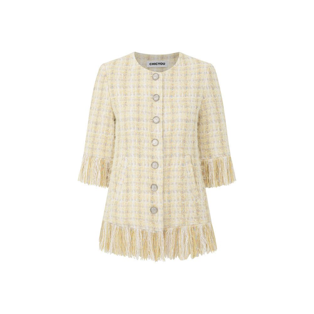 In stock CHICYOU original five quarter sleeve yellow tassel Xiaoxiang temperament round neck jacket top for women image 6