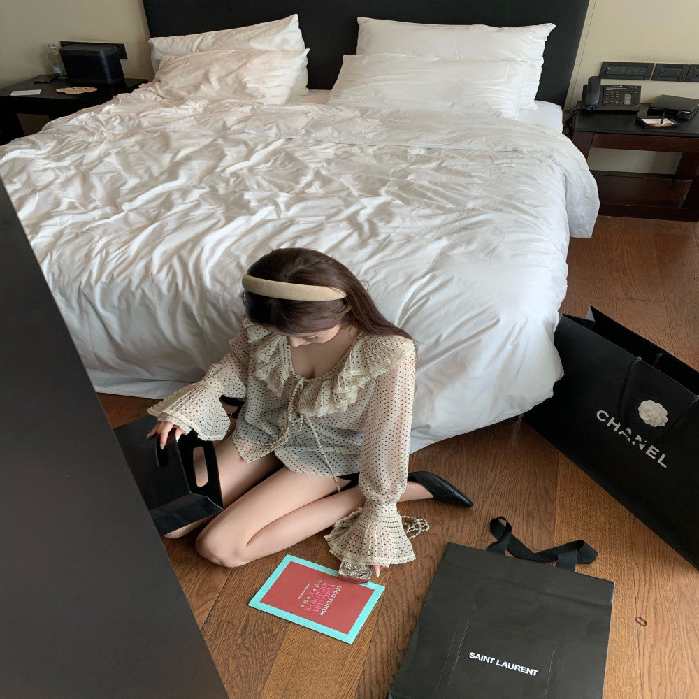 Limited stock CHICYOU polka dot long sleeved V neck shirt lotus leaf lace collar bow chiffon shirt image 1