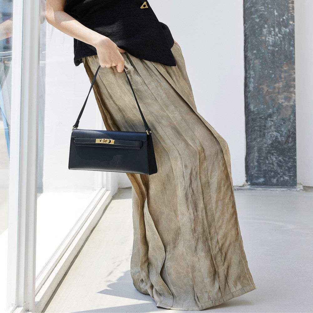 Hello Page high street pleated gold high waisted casual pants for women lightweight breathable elastic waisted long and wide leg pants image 1