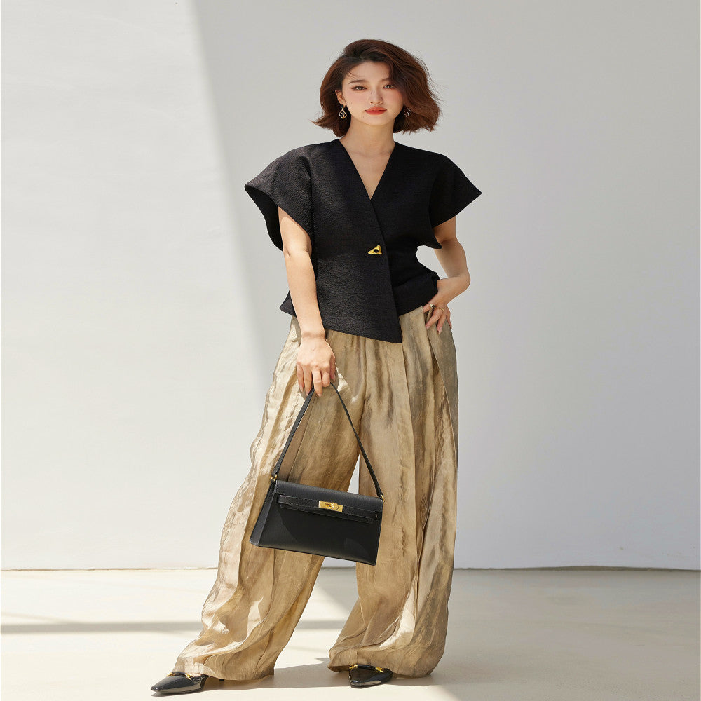 Hello Page high street pleated gold high waisted casual pants for women lightweight breathable elastic waisted long and wide leg pants image 2