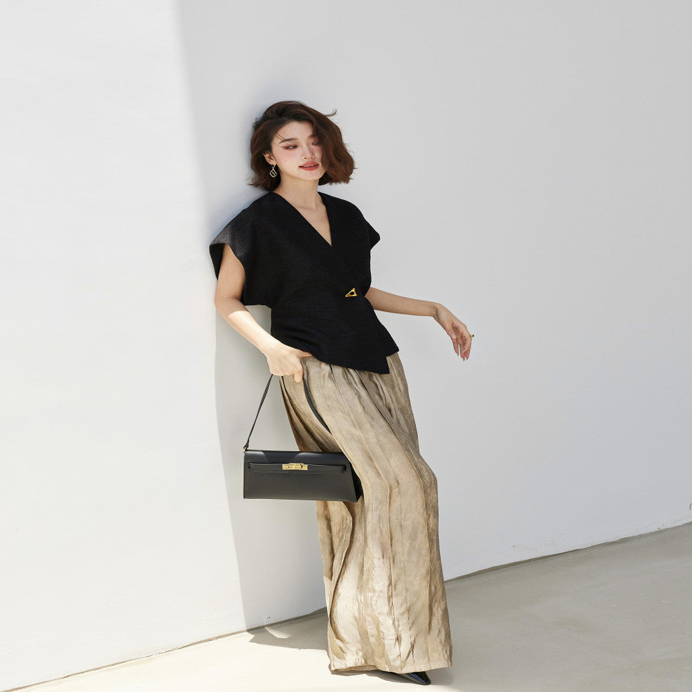 Hello Page high street pleated gold high waisted casual pants for women lightweight breathable elastic waisted long and wide leg pants image 3