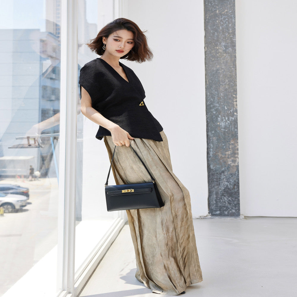 Hello Page high street pleated gold high waisted casual pants for women lightweight breathable elastic waisted long and wide leg pants image 4