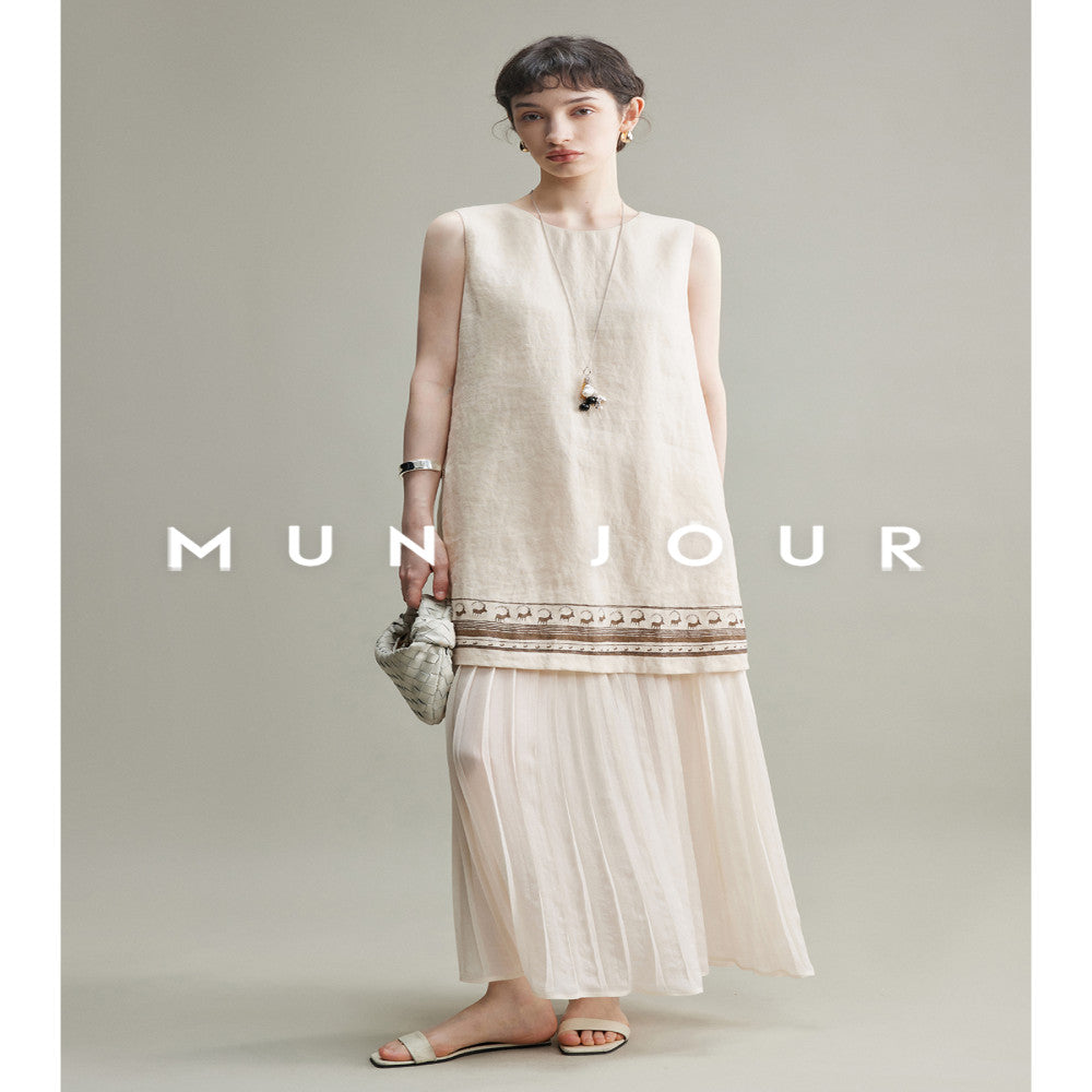 Bo Xi Feng Comfortable Linen Positioning Print Lightweight and Elegant Heavy Industry Hundred Fold Splicing Fake Two Piece Sleeveless Dress image 9