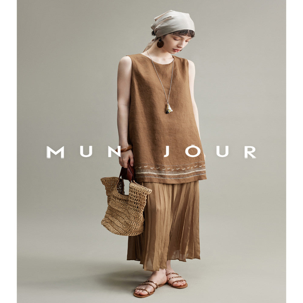 Bo Xi Feng Comfortable Linen Positioning Print Lightweight and Elegant Heavy Industry Hundred Fold Splicing Fake Two Piece Sleeveless Dress image 0