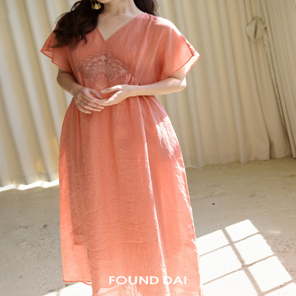 Mermaid Series 100 Ramie Fan Embroidered Slimming High Waist Line Dress image 3