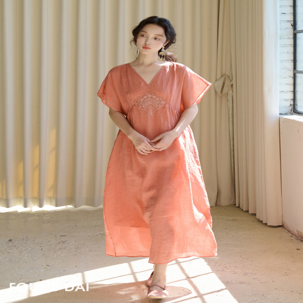 Mermaid Series 100 Ramie Fan Embroidered Slimming High Waist Line Dress image 5